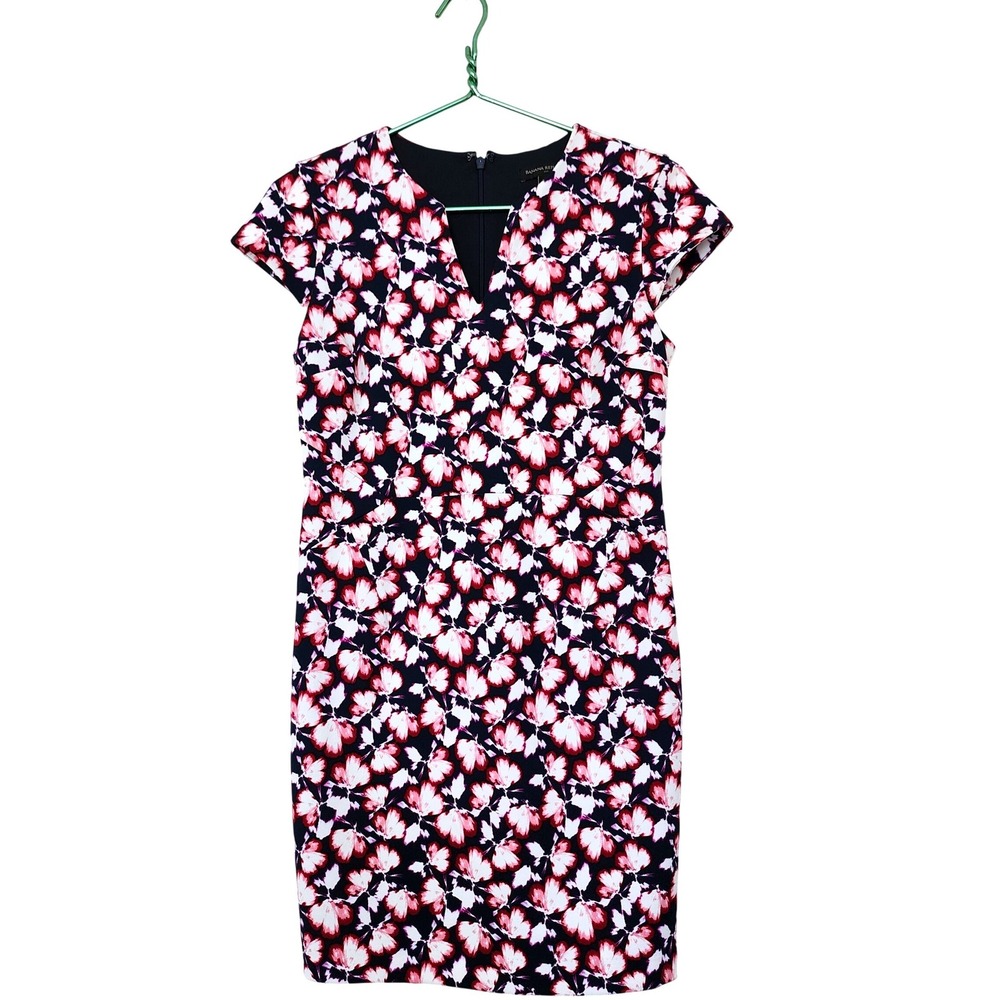 Banana Republic Pink Floral V-Neck Cap Sleeve Sheath Dress Navy Blue 2P Elegant